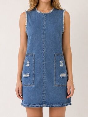 Hilary MacMillan Denim Shift Dress Frayed Distressed Pockets Size Small